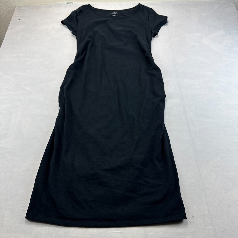Isabel Maternity Bodycon Dress Womens L Black Stretch Side Ruched Short Sleeve